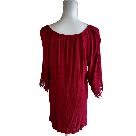 NAIF Womens Tie Keyhole Crochet Front Boho Dress Burgundy Medium 100% Rayon - Picture 2 of 13